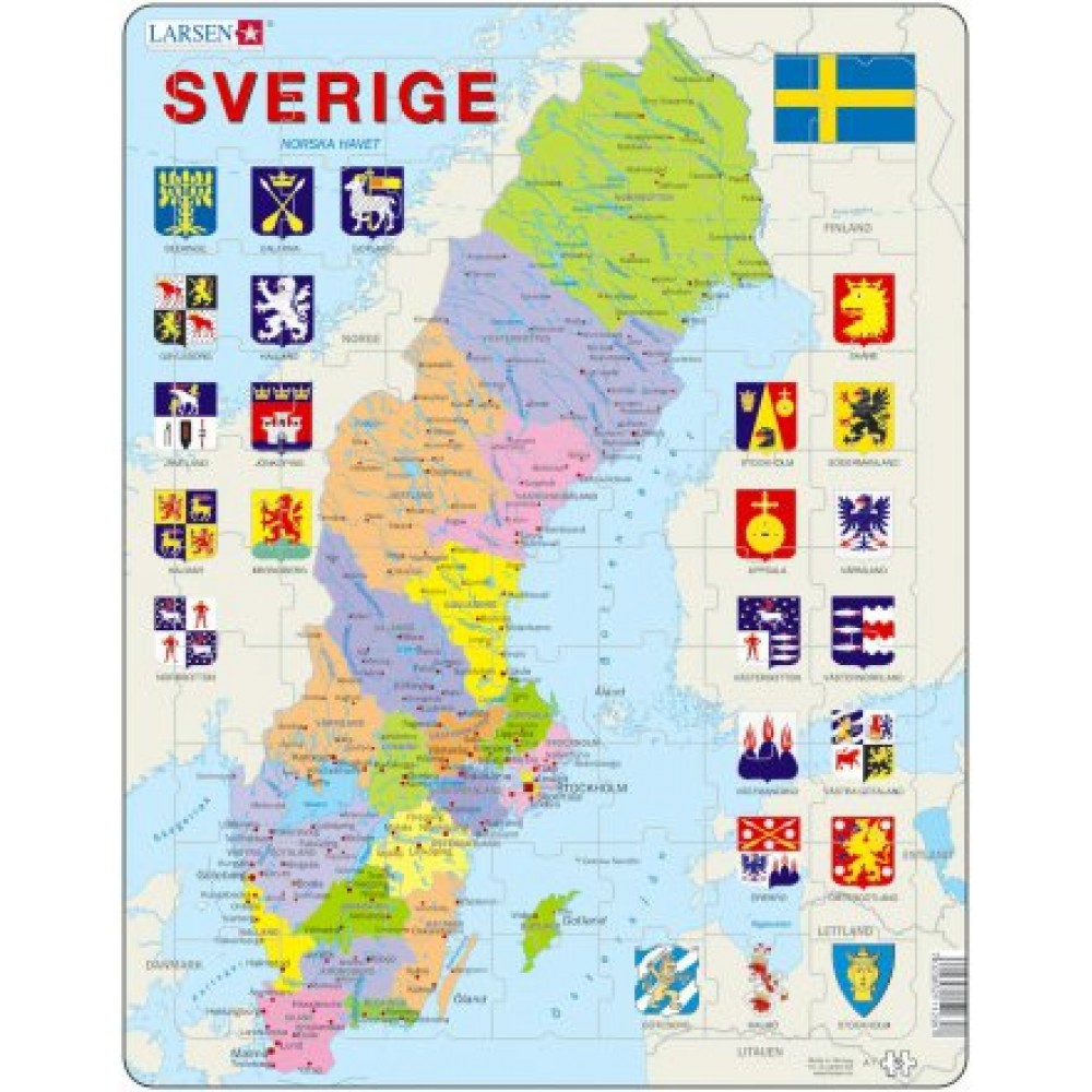 Pussel Sverigekarta med landskap och landskapsvapen